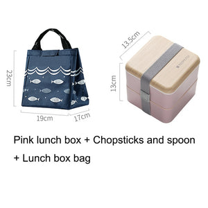 Japanese Double Layer Lunch Box Wooden Lid Microwave Bento Box for Kids Portable Picnic Food Storage Container Dinnerware Set