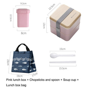 Japanese Double Layer Lunch Box Wooden Lid Microwave Bento Box for Kids Portable Picnic Food Storage Container Dinnerware Set